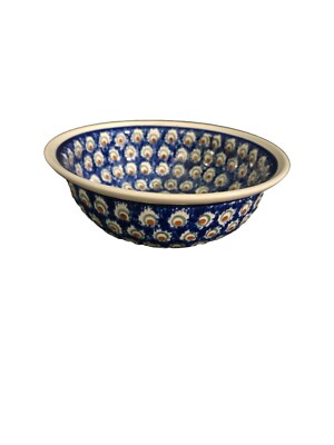 Vintage Wiza Poland 8.25'' Stoneware Bowl Blue Peacock