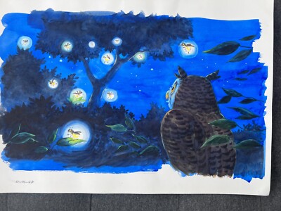 Original Owl Painting/Illustration by author Steve Smallman - Owl Fireflies