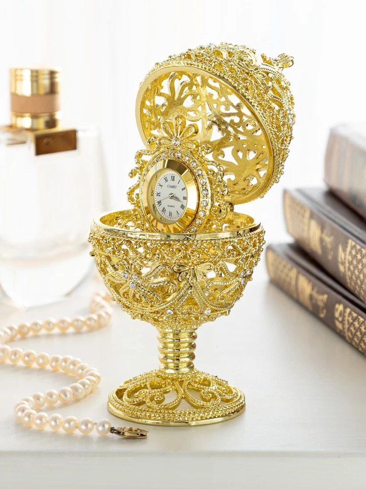 Keren Kopal Gold Ei mit Uhr Schmuckkästchen verziert mit österreichischen Kri...