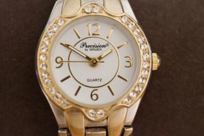 Estate Jewelry Ladies Quartz Watch Precision Gruen Two Tone Band Rhinestone Face