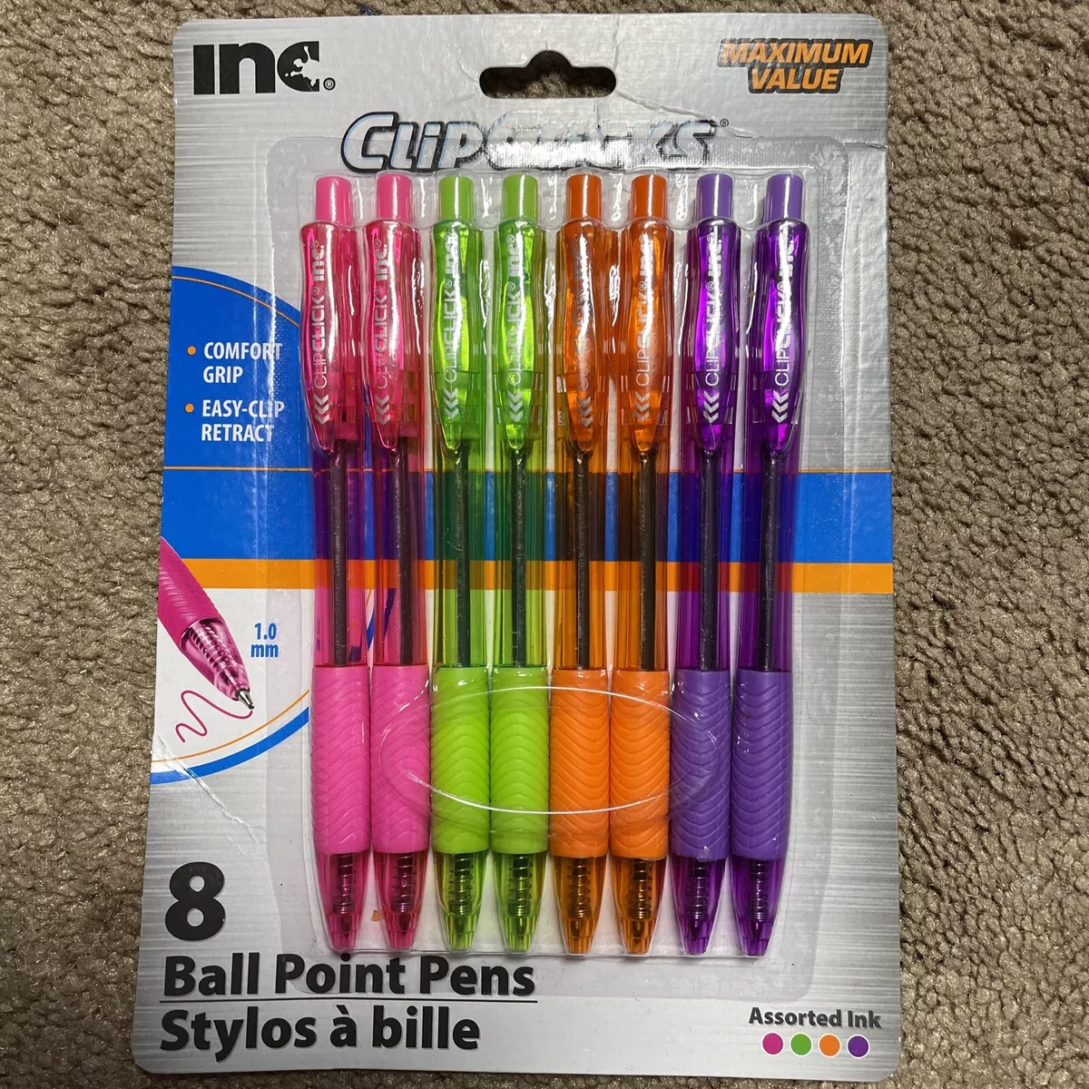 Inc Clip Clicks 8pk Ball Point Pens Colored Ink 1.0mm Comfort Grip- 4 Colors