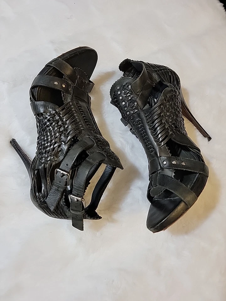 Bomba Allsaints Spitalfields Punta Abierta Talla 9 EE. UU. / 39 Negra Doble Correa Foto 2 de 4