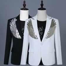Herren Pailletten Flügel Stickerei Anzug Jacke Kerbe Blazer Taillierter Mantel