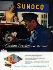 Vintage advertising print Gas Oil SUNOCO Service Station headlight On the Beam