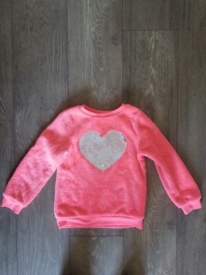H&M Girls Plush Sparkly Heart Neon Pink Orange Jumper Top