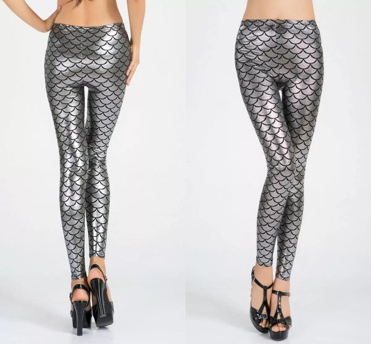 Ladies Hot Silver metallic fish scale mermaid leggings fancy Pants size 8-10