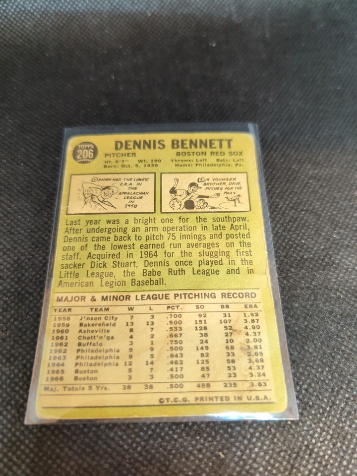 1967 Topps Baseball Dennis Bennett #206 | eBay