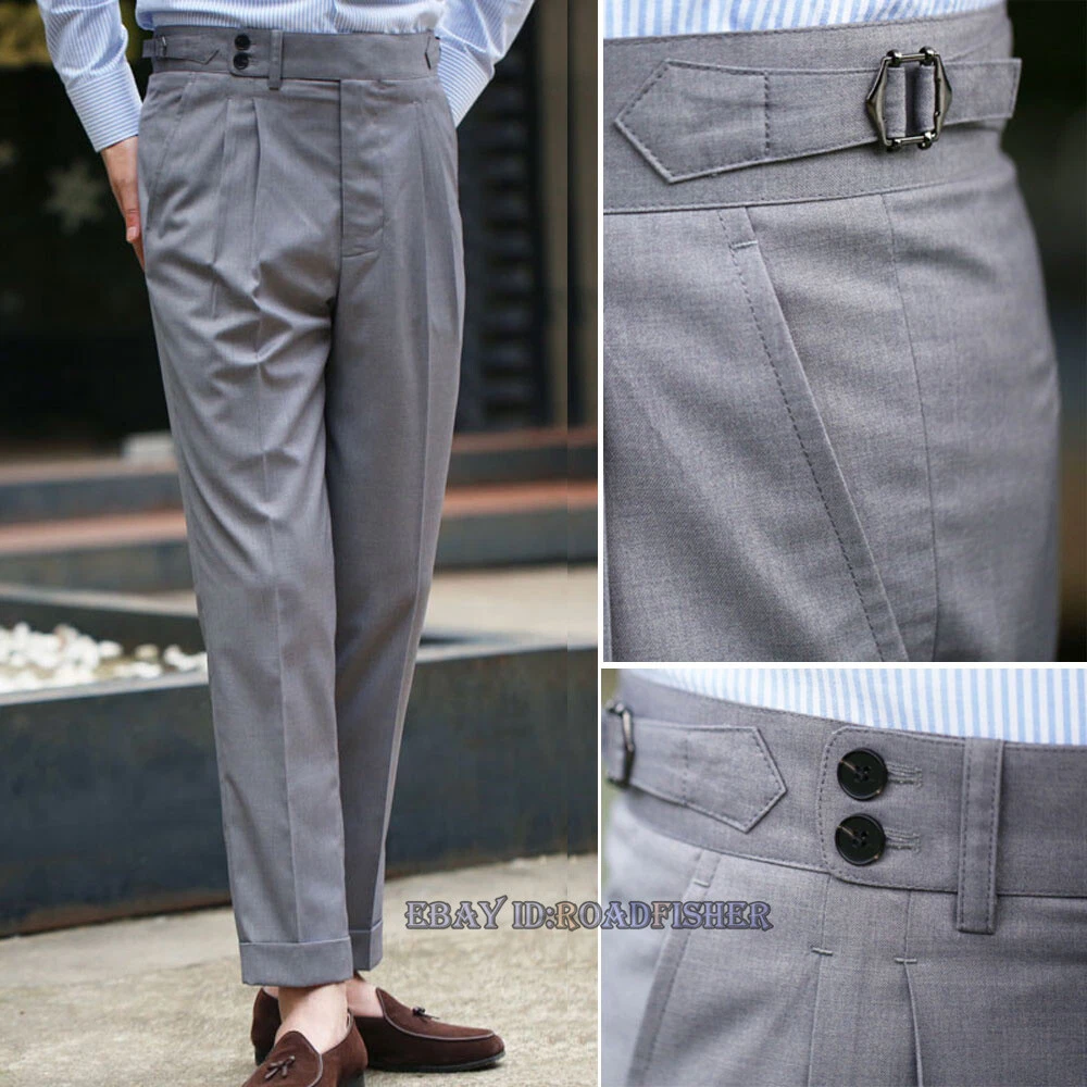Summer Men s Naples Pants Grey Suit Pants High Waist Trousers Casual Pleated New