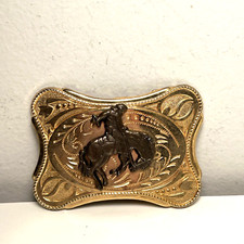 Vintage Cowboy Gold Metal Belt Buckle Bronco Rodeo 3" Bucking Horse Western