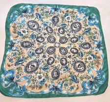 VTG 50's Retro Boho Silk Scarf Floral Cameo/Bow Pattern Hand Stitched Hem 22"
