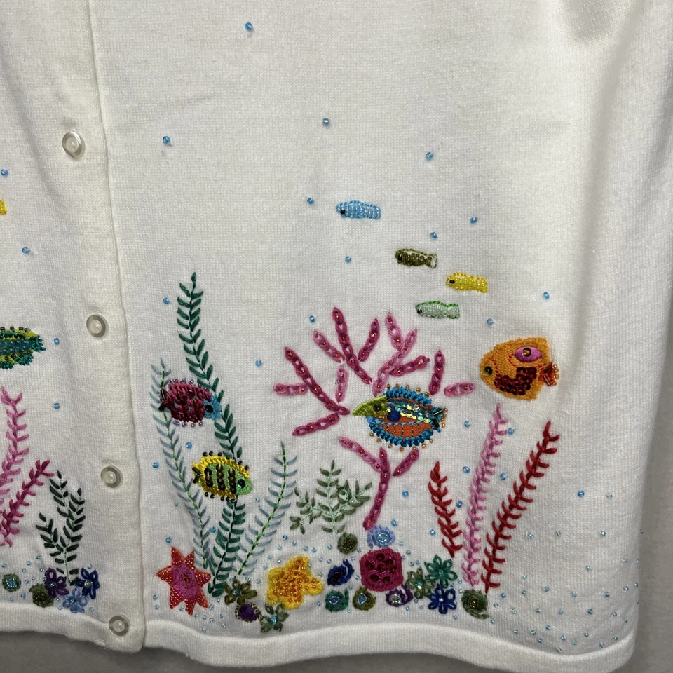 Quacker Factory Sweater Cardigan Embroidery Sequins Short Sleeve Size 1X Off Whi - Image 3 of 4