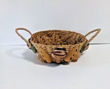 Vintage Mushroom and Veggies Design Handwoven Handled Basket Cottagecore