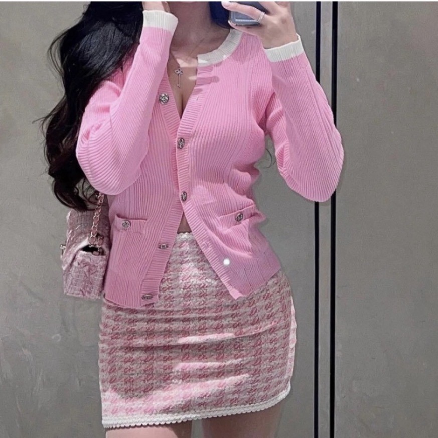 23P Chanel Pink Ribbed Knit CC Logo Button Cardigan Size 40 | eBay