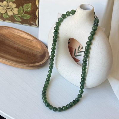 Hetian Jade Beaded Necklace, Natural Green Nephrite Chocker, High Quality Jade (
