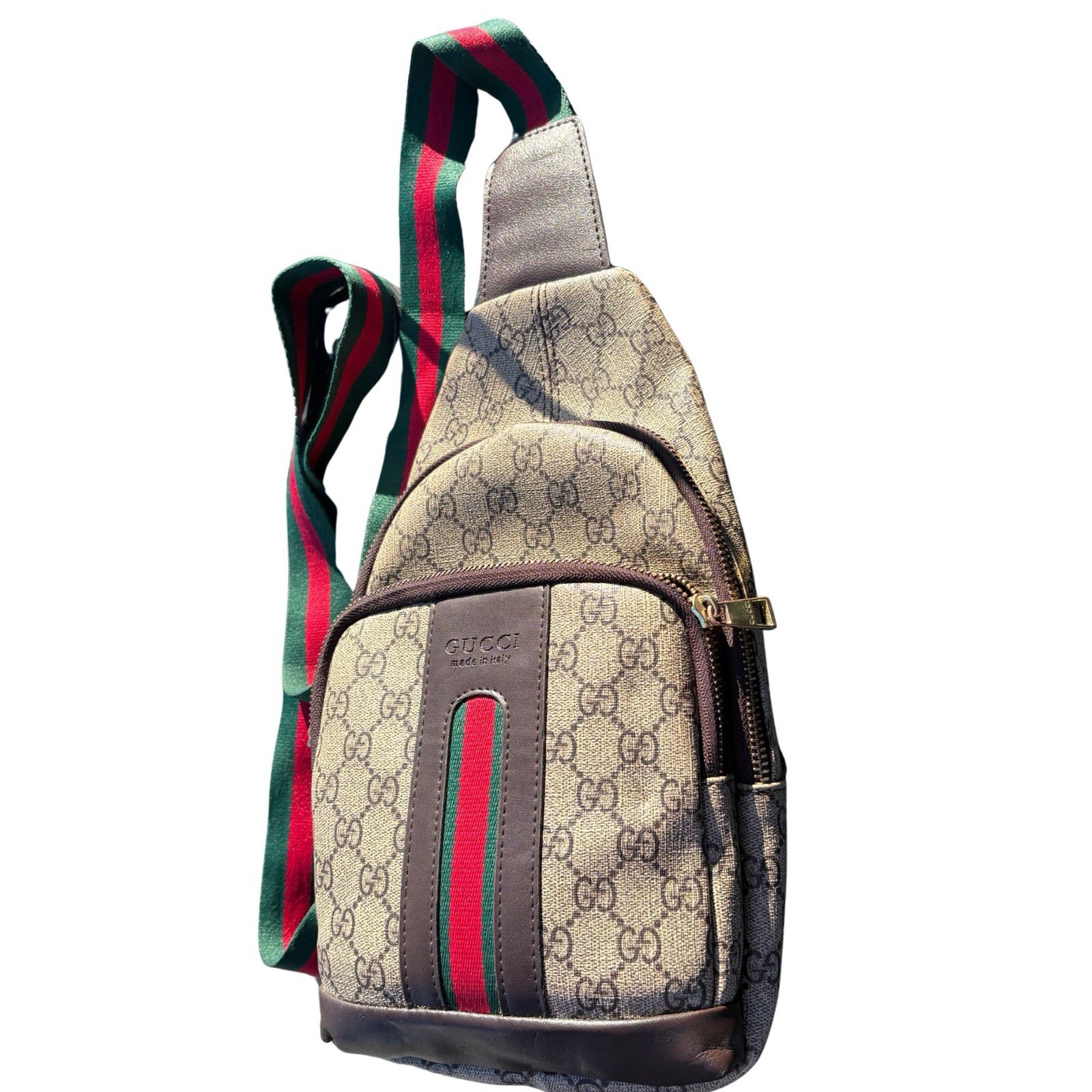 Gucci GG Supreme Sling Crossbody Bag Brown Web Stripe Authentic Made Italy