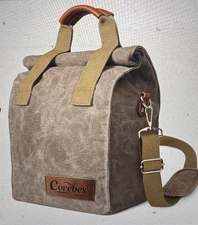 Corebes Insulated Canvas Lunch Bag w Adjustable Shoulder Strap & Handles - Grey