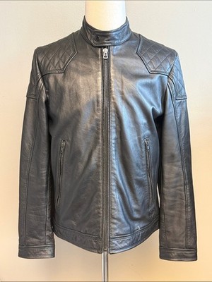 Diesel Industry Men's Leather Cafe Racer Jacket Black Large Quilted Cowhide Moto