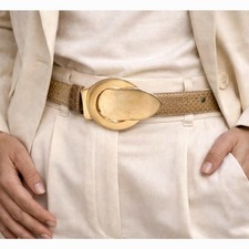 VTG 1980s Thin Snakeskin Belt Taupe Gold Buckle Power Glam Mob Wife