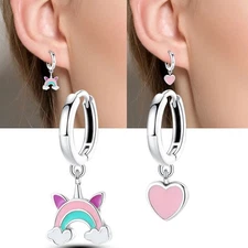 KUNSIR 925 Sterling Silver Rainbow & Heart Drop Earrings For Women Jewelry Gift