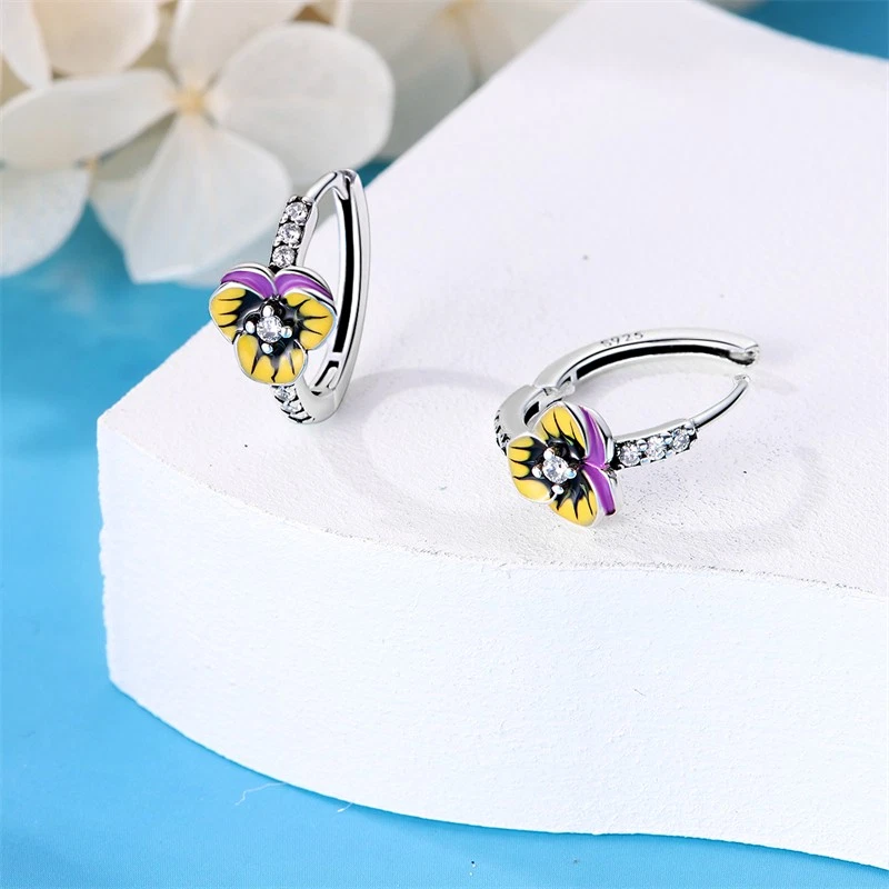 PANDACH 925 Sterling Silver Tiny Pet&Flower Hoop Earrings For Women Jewelry Gift - Picture 4 of 6