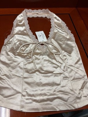 Windsor Satin Lace-Trim Halter Bow Tie Tank Top in Champagne size S
