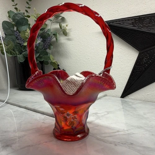 Fenton Red Carnival Glass Hand Painted Floral Basket, 8in Decorative Handle