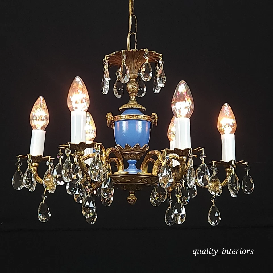 Antigua araña francesa de latón pátina oscura azul imperial imperio 6 brazos 6 luces Foto 2 de 4