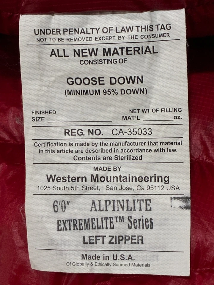 Saco de dormir Western Mountaineering Alpinlite 6' cremallera izquierda 2 oz. Overfill Foto 4 de 4