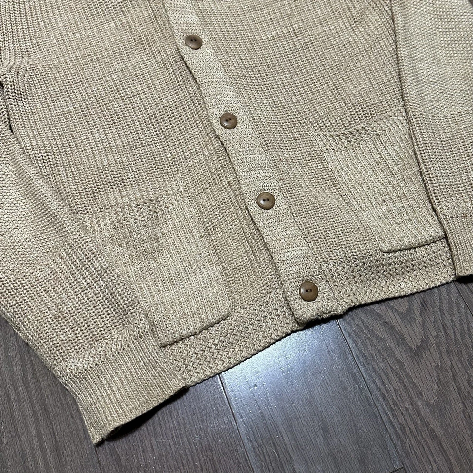 Cardigã Polo Ralph Lauren bege cáqui xale colarinho suéter algodão linho pequeno RRL - Imagem 3 de 4