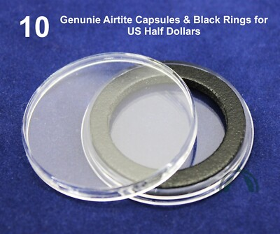 #ad #ad 10 Air Tight Coin CAPSULES amp; 30mm BLACK RINGS FOR 1 2 HALF DOLLAR amp; 30mm COINS $12.95