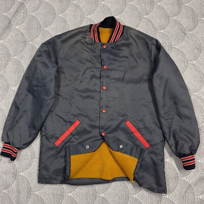 Vintage Baseball Varsity Bomber Jacket Sherpa Lined Button Up Blue Men Med Read*