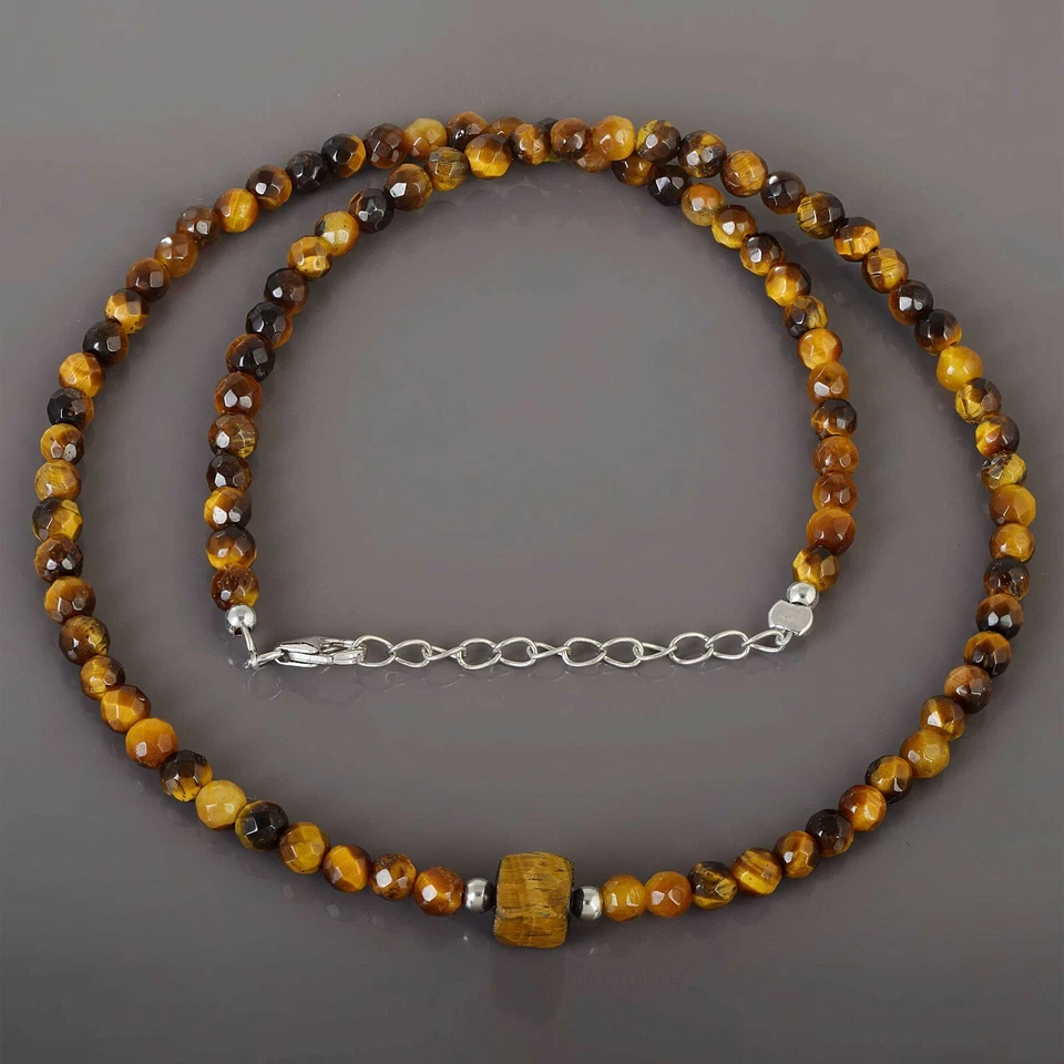 Gioielli Regalo Naturale Occhio di Tigre Gemma 4mm Collana Perle 925 Argento - Immagine 2 di 4