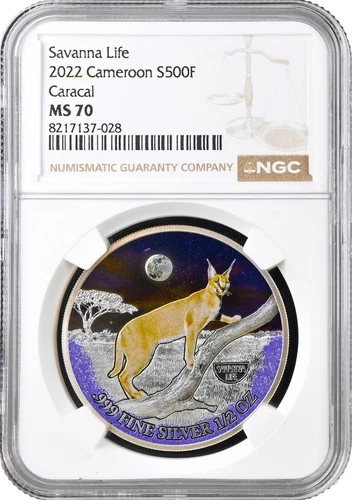 Cameroon 500 francs 2022, NGC MS70, "Savanna Life - Caracal" silver coin