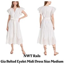 NWT Rails Women's Gia Dress White Eyelet Embroidery Midi V-Neck Size Medium
