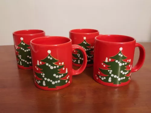 Set 4 Vintage WAECHTERSBACH Germany CHRISTMAS TREE Red Green COFFEE MUGS Cups