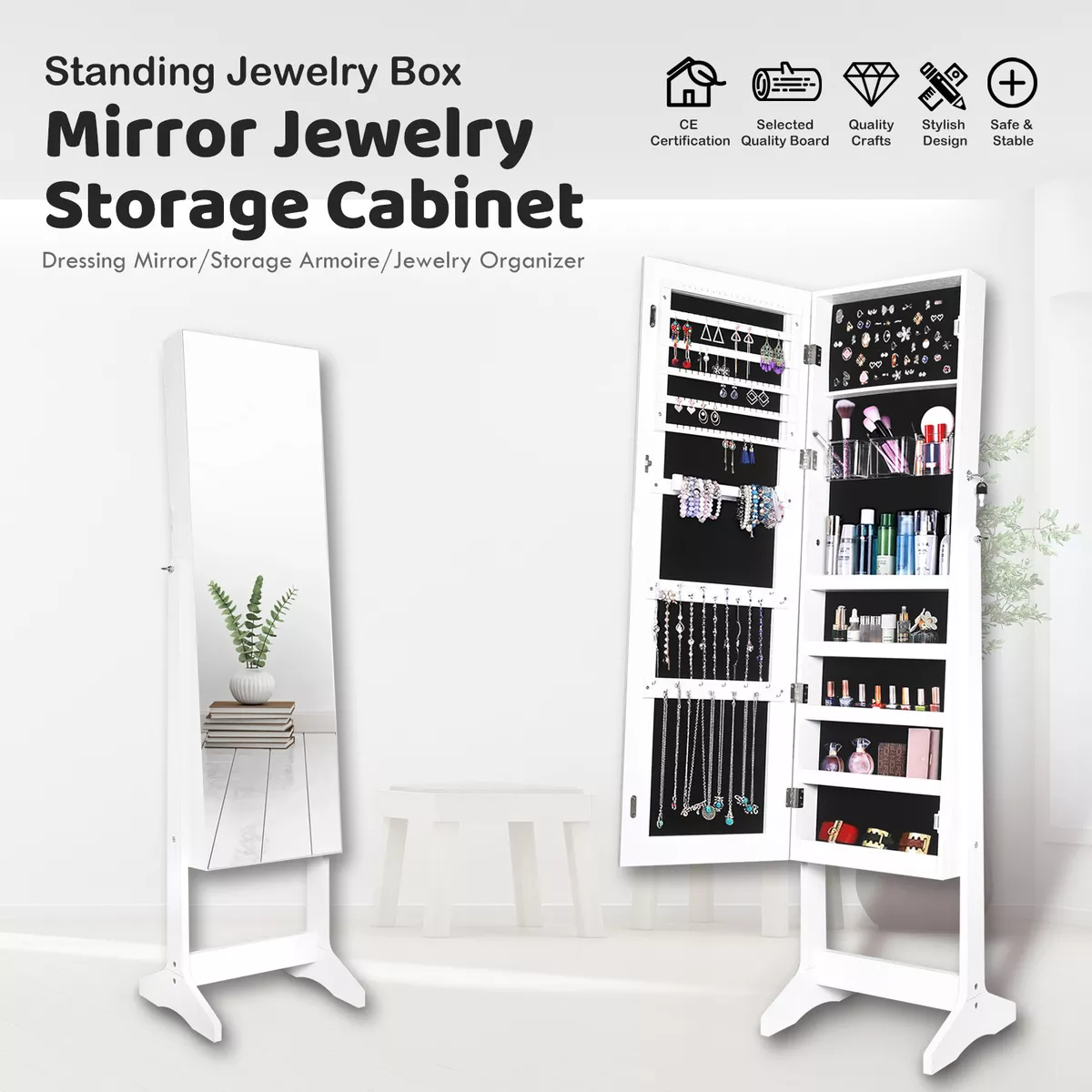 Mirrored Lockable Standing Jewelry Storage Organizer-White