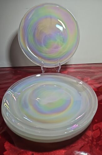 Set 4 Salad Lunch Plate White Pearl Swirl Iridescent Artistic Accents Glass 8.25 - Zdjęcie 1 z 10