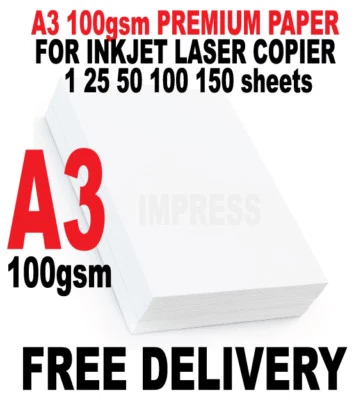 A3 100gsm PREMIUM QUALITY PAPER FOR INKJET LASER COPIER 1, 25,50,100,150 sheets