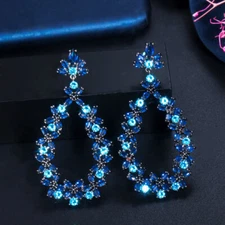 Black Gold Plated CZ Blue Crystal Flower Round Tennis Long Dangly Drop Earrings