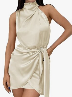ZESICA Women's 2023 Fashion Satin Sleeveless Halter Neck Tie Waist Wrap Bodycon