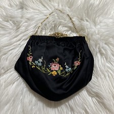 Antique 1930s Silk Needlepoint Evening Bag Black Made In France Gorgeous