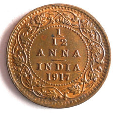 1917 BRITISH INDIA 1/12 ANNA - AU/UNC - Great Coin - FREE SHIP - INDIA BIN 9