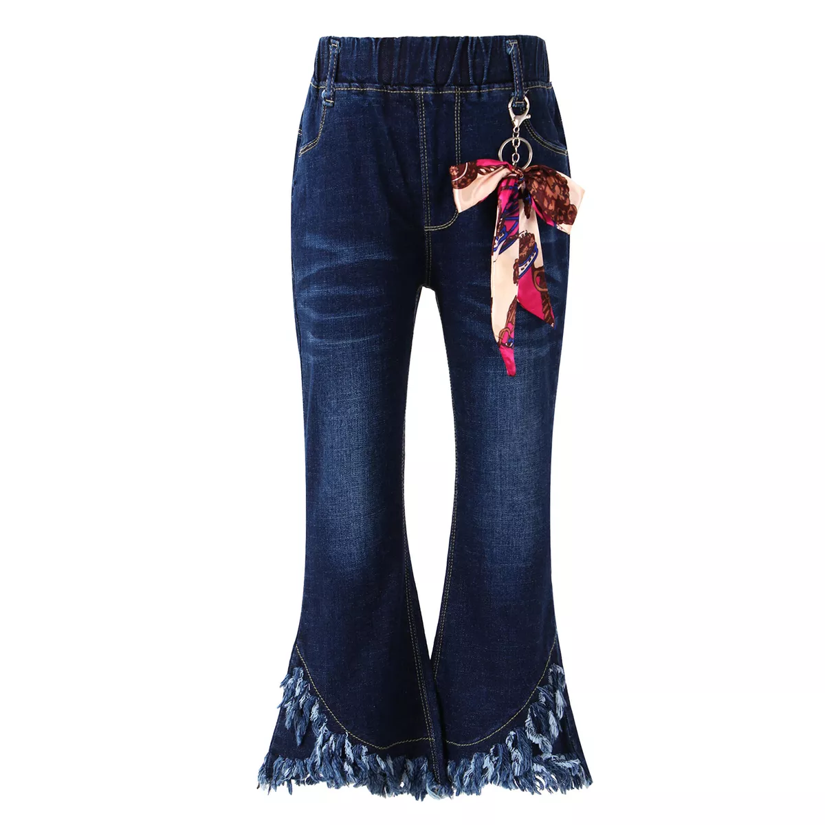 Girls Casual Jeans Denim Bell Bottoms Ruffle Tassel Hem Flare