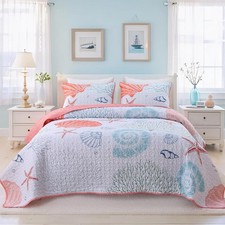 Coastal Quilt Set Queen Size Beach Coverlet Pink Starfish Coral Seashell Beds...