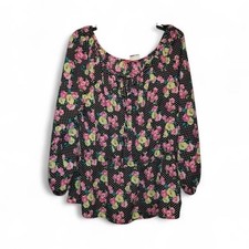 Betsey Johnson Black Floral Woven Tie Accent Scoop Neck Long Sleeve Blouse XL