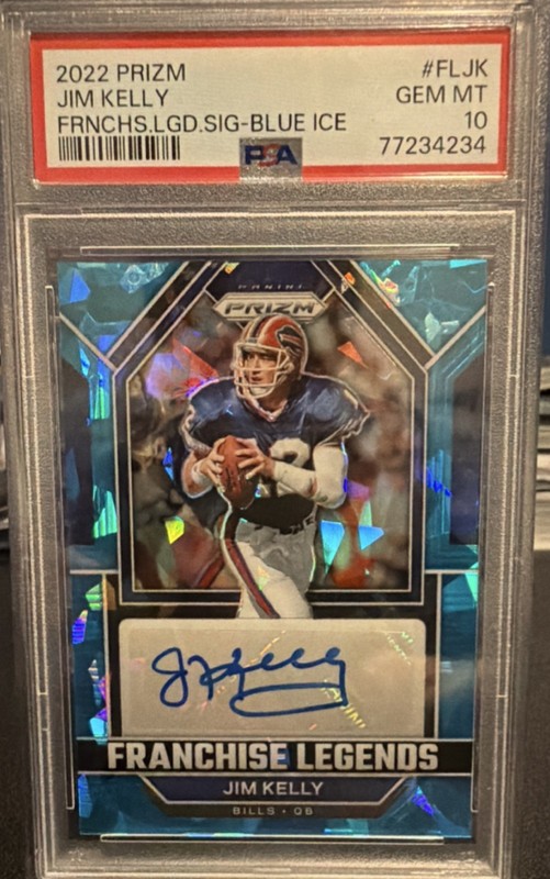 Panini 2022 Prizm Franchise Legends Blue Ice Jim Kelly Auto PSA 10