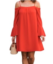 Skies Are Blue Orange Off The Shoulder Ruffle Sleeved Casual Chic Dress Small