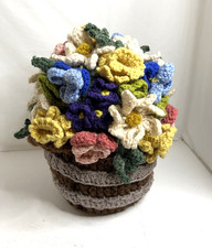 Handcrafted Crocheted Flowers in Crocheted Basket with Handles 13" T x 11" Dia.