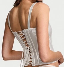 Victoria’s Secret VS Classic Corset Top Lace Up Rear 100% Silk White Large NWT