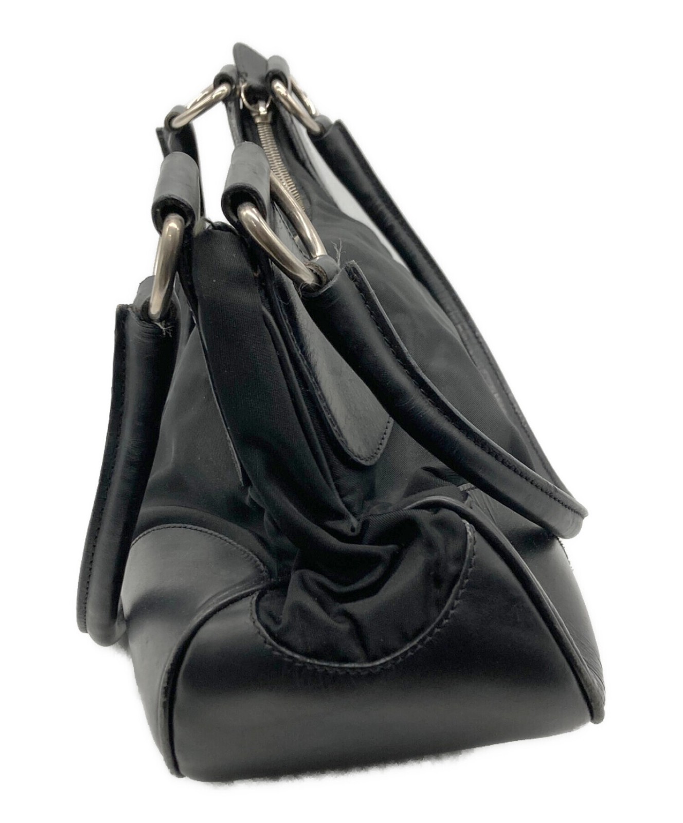 Prada Black Handbag Tote Bag Leather Women Shoulder Bag Italy Used thumbnail 2